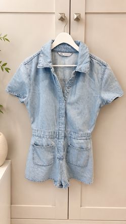 Zara Light Wash Denim Romper | Women’s Medium | 100% Cotton | Utility Style