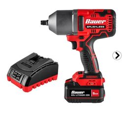 BAUER 20V Brushless Cordless, 1/2 in. High-Torque Impact Wrench Kit with 5 Ah Battery and Charger