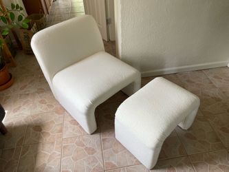 Modern White Bouclé Accent Chair and Ottoman Set