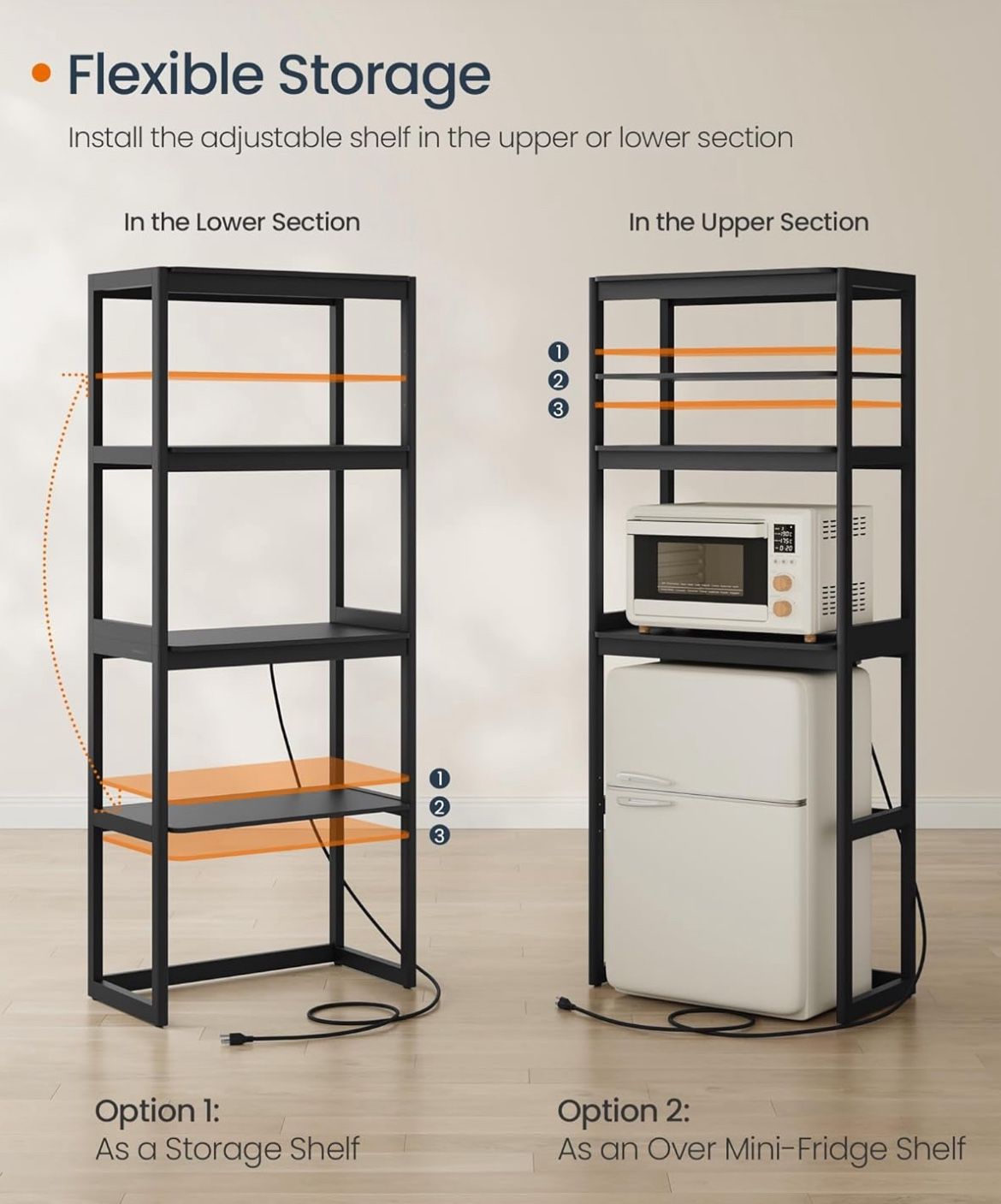 HOME Kitchen Bakers Rack with Power Outlet, 4-Tier Coffee Bar Table with Adjustable Shelf, Mini Fridge Shelf, Microwave Stand, 15.7 x 23.6 x 66.9 Inch