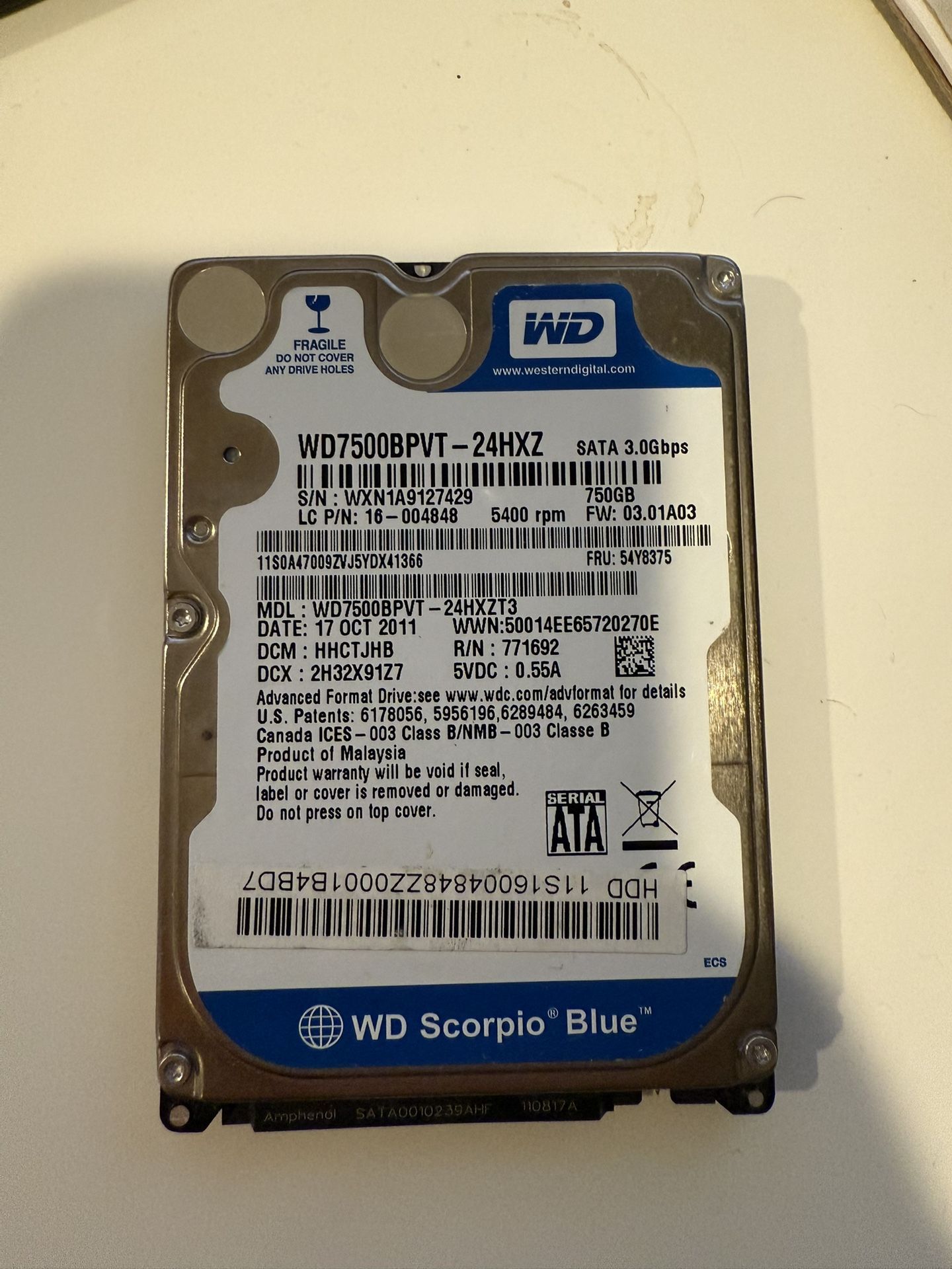 Western Digital WD7500BPVT Scorpio Blue 750GB Internal 5400RPM 2.5" HDD