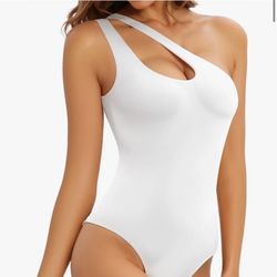 Women's Double Lined Bodysuit One Shoulder Off Shoulder Cutout Front Tank Top Trendy Backless Body Suit