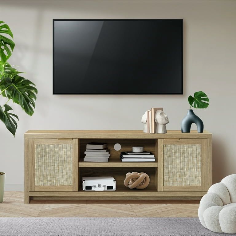 ARKANTOS Rattan TV Stand for Tvs up to 65 inch, Wood Media Console for Living Room, Natural Oak