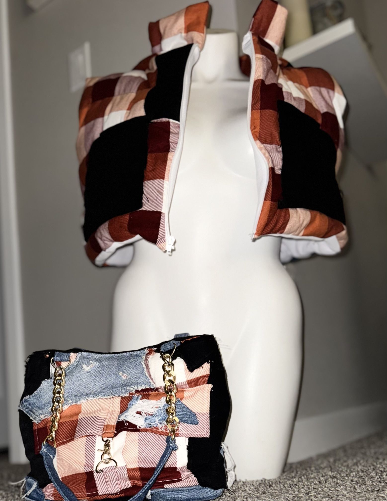 One-Of-One Designer Bag And Matching Hooded Puffer Vest