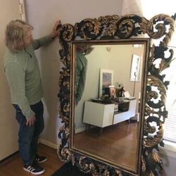 Marvelous Antique Curved Wood Framed Mirror 