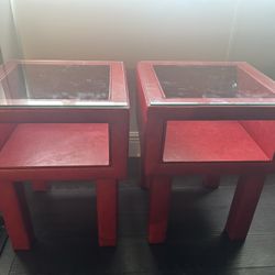 2 -tier Square Side Table, Glass Top, Leather Finish 