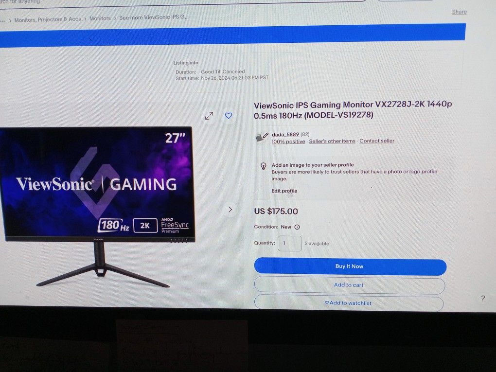 ViewSonic Ips Gaming Monitor Vx2728j-2k (Model -vs19278)