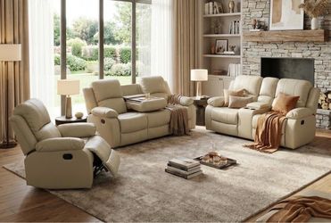 Beige leather fully reclining three piece couch set