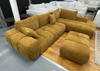 Mustard Yellow Tufted Sectional Sofa with Ottoman