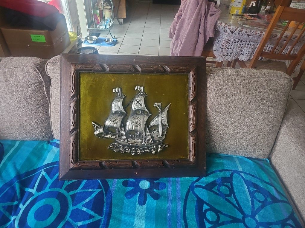 Vintage Metal Ship On Green Velvet And Wood Frame