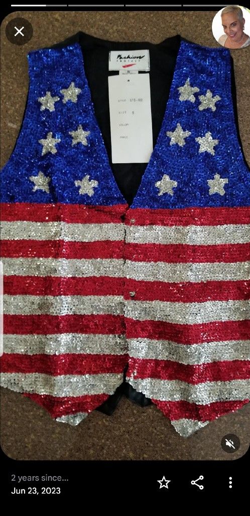 Fancy Sequin Patriotic Vest. Red, White & Blue