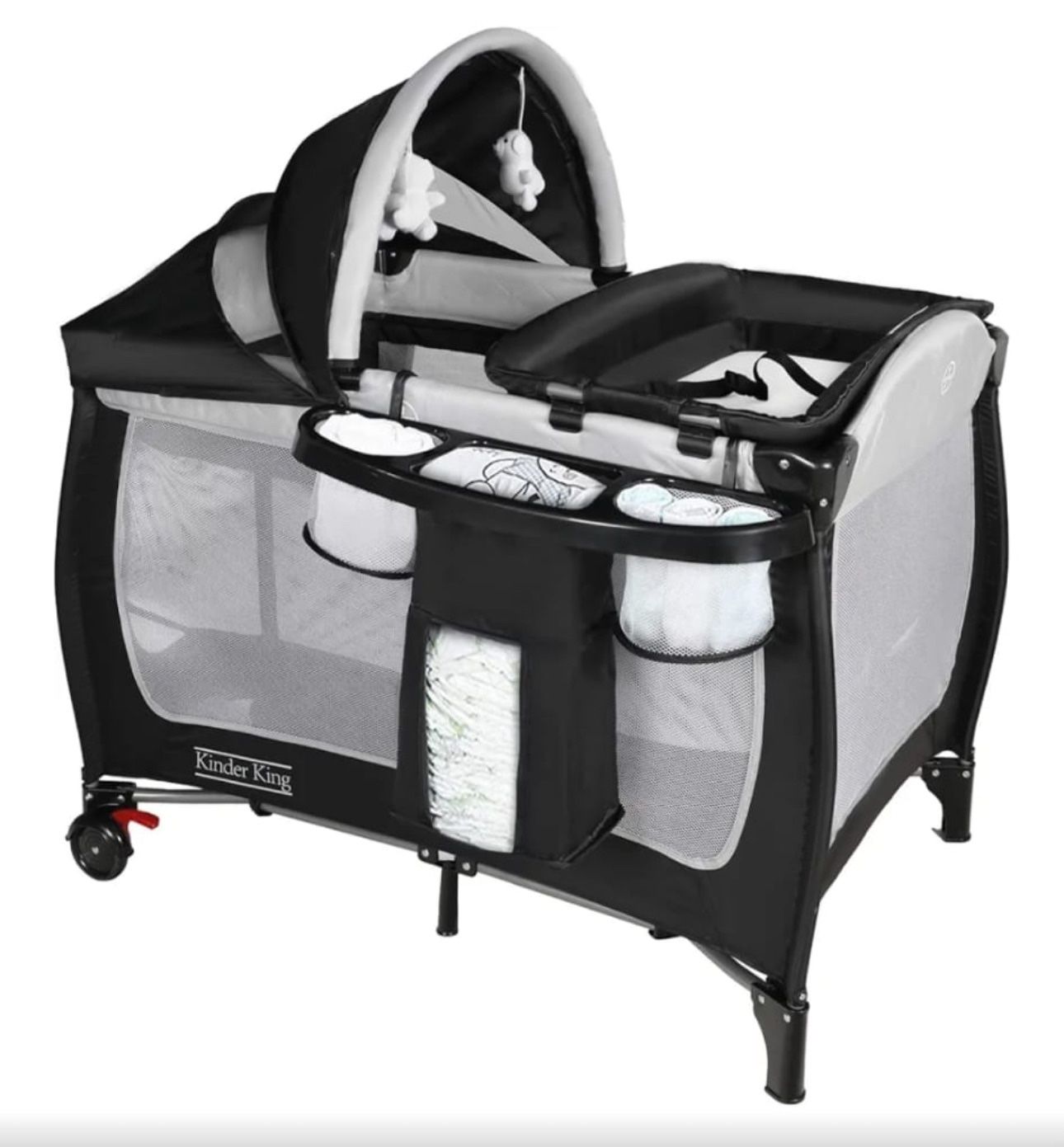 Kinder King 4 in 1 Portable Pack n Play, Baby Nursery Center Playard w/Bassinet, Large Playpen for Infant and Toddler, Newborn Changing Table, Adjusta