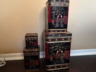 Set of 4 Asian-Themed Decorative Metal Tins