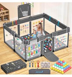 Baby Playpen with Play Mat, 71x51 Extra Large Playpen with Gate, Indoor & Outdoor Baby Fence, Anti-F