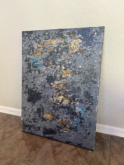 24x18 BRAND NEW Hand Painted Textured Grey/Gold/Turquoise Original Abstract Art