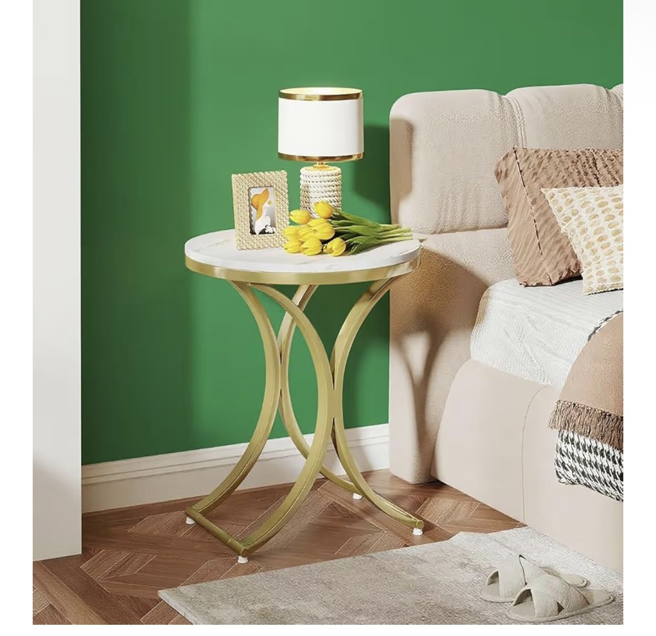 Round Marble - Look Side Table with Gold Metal Legs, Stylish End Table for Living Room, Bedroom
