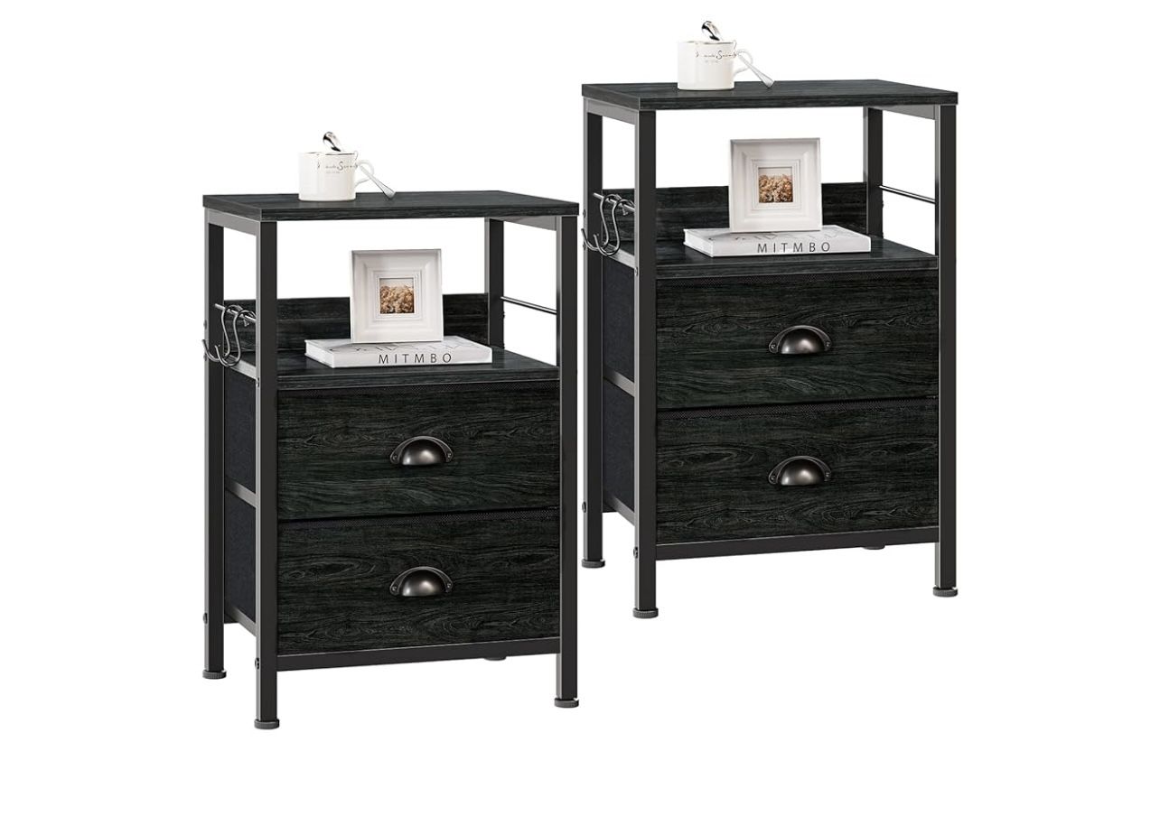 Black Nightstands Set 2, with 2 Fabric Drawers, Bedside Tables 