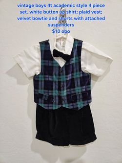 vintage boys 4t academic style 4 piece set. white button up shirt; plaid vest; velvet bowtie and shorts with attached suspenders