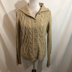 St. John’s Bay “Bisque” Button Up Cable Knit Cardigan - Womens L, NWT, Bust 21.5", length 25.5”