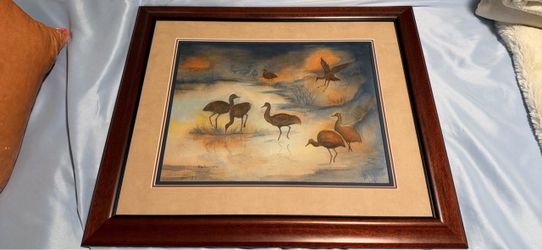 Framed Watercolor Painting of Cranes