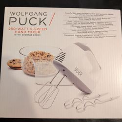 Wolfgang Puck Hand Mixer 250 Watt 5-Speed With Storage Caddy White- New In Box