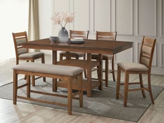 COUNTER HEIGHT DINING TABLE WITH CHAIRS AND BENCH