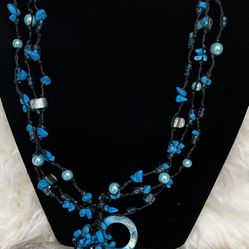 Black String With Blue Shells And Beads Necklace