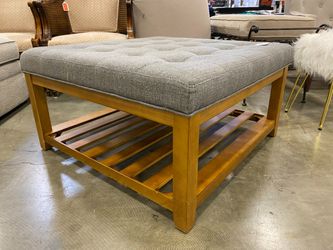 Large Charcoal Tufted Ottoman with Wooden Slatted Base