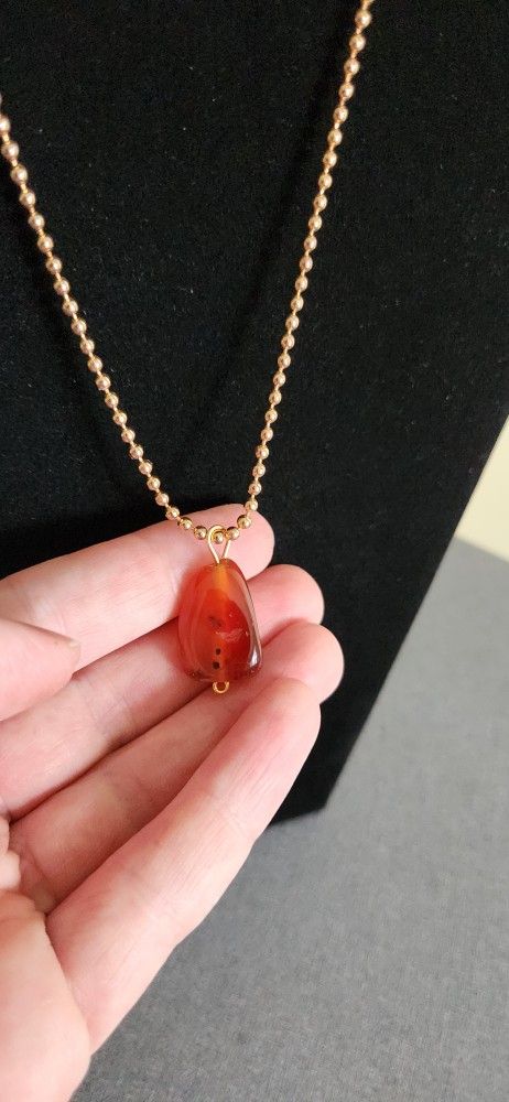 Red Carnelian Quartz Pendant On Gold Tone Chain