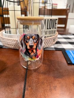 Dachshund Glass Can Cup with Bamboo Lid