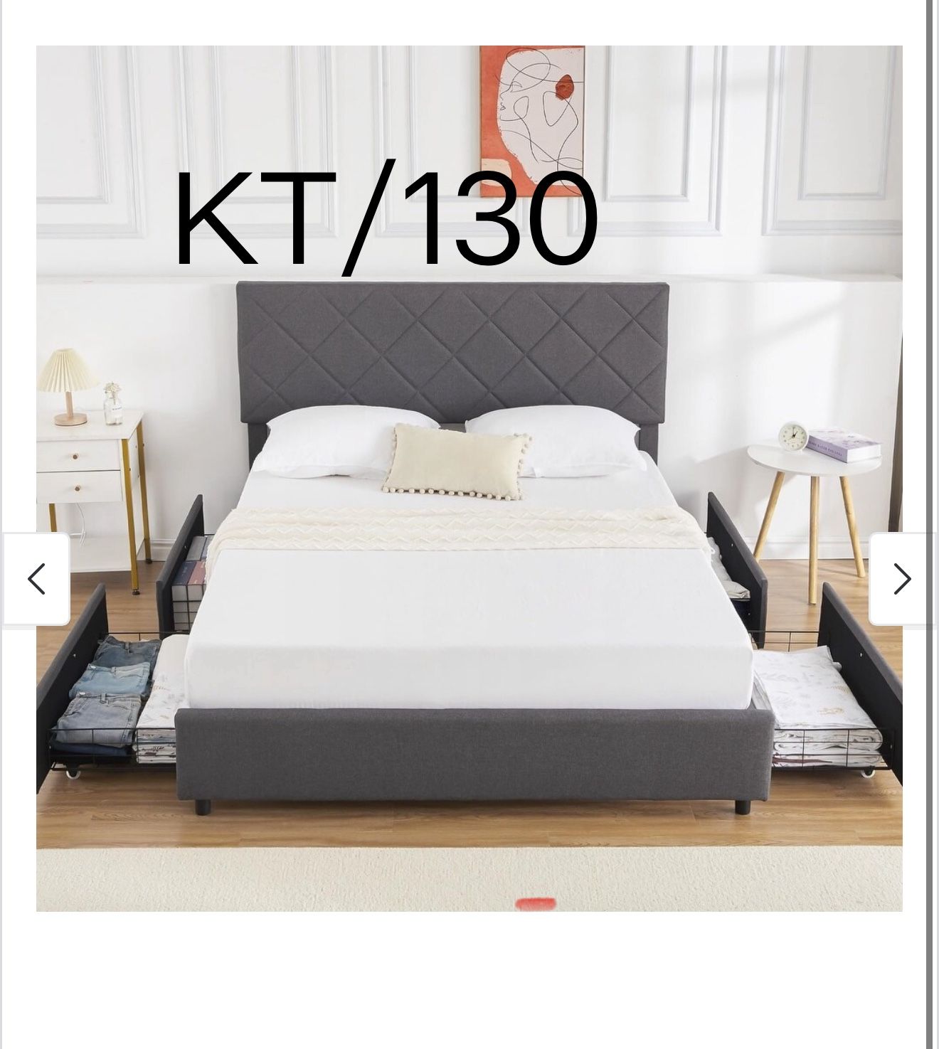 Queen Size Platform Bed Frame with Adjustable Headboard and 4 Storage Drawers, Upholstered Platform Bed Frame with Wooden Slats Support/No Box Spring