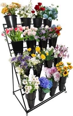 Rolling Fresh Flower or Artificial Stems Display Stand with 16 Plastic Buckets