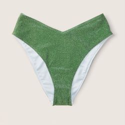 NWT Green Brazilian Shimmer High Waist Cheeky Bikini Bottom S PINK reversible