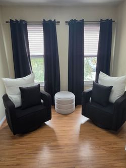 LIKE-NEW Modern Black & White Bouclé Living Set: 2 Swivel Chairs + Ottoman + Pillows