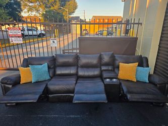 Dark Brown Leather Reclining Sofa with Cup Holders