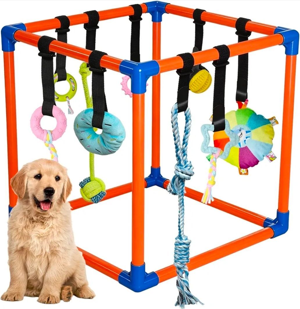 Puppy Play Gym with 9 Hanging Toys for Small Dogs, PVC Frame with Bungee Straps, Interactive Indoor Jungle Playground
