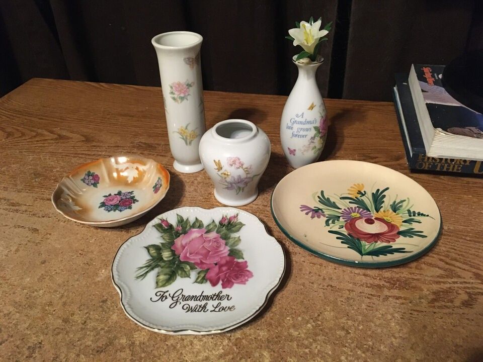 Lot Of Six Vases Plates Bowl Grandmother Flowers And Butterflies