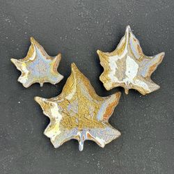 Set of 3 Glass Autumn Fall Maple Leaf Shaped Tray Bowl Gold Reverse Painted