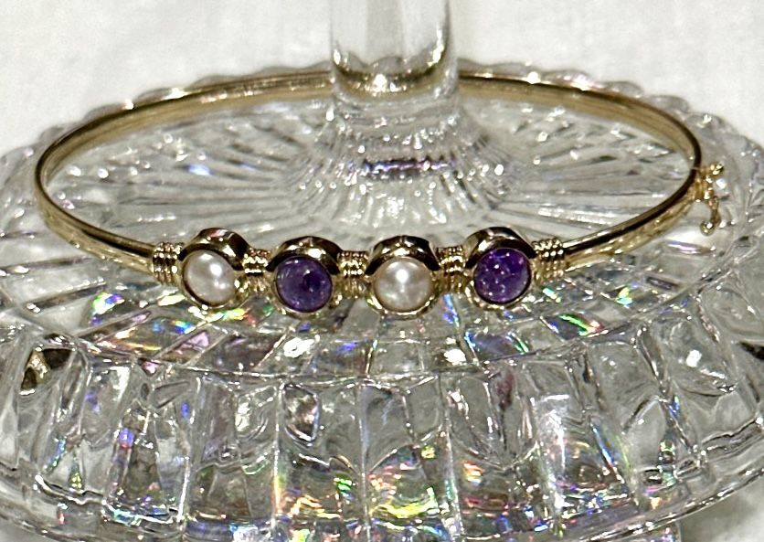10K Yellow Solid Gold Soft Flex Bangle Bracelet with Genuine Pearl and Tanzanite Gem Stones. 