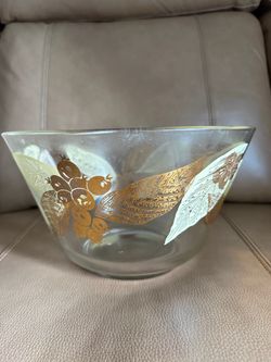 Vintage Retro Berries & Leaves Yellow Gold Glass Serving Bowl- 6 inch tall and 10 inches long