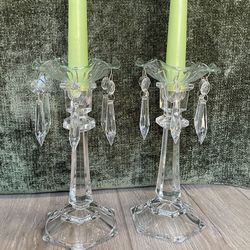 (2) 6” Mikasa Crystal Candlesticks With Scalloped Bobeche Dangling Crystals - Home Decor