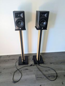 Pair of JBL LSR305 Powered Studio Monitors and Stands