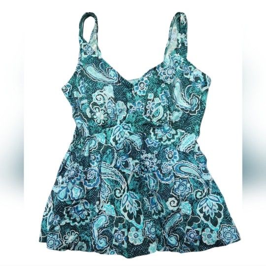 Maxine 26W Embroidered Paisley Teal Swim Dress