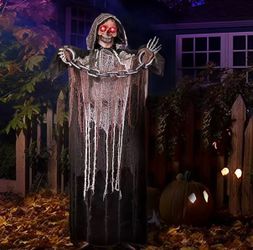 Halloween Decorations Outdoor Life Size Animatronics Grim Reaper with Chain, Sound-Actived Party Decor with Creepy Sound, Scary Haunted House Props fo