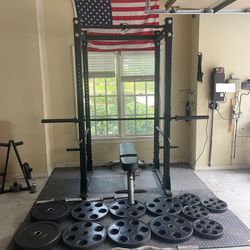 Rogue Monster Lite Squat Rack, with Adjustable Bench, Various Weight Plates, Barbell, EZ Curl Bar