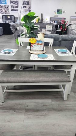Dining Table Set with Bench and Chairs