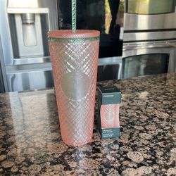 Starbucks 2023 Jeweled Summer Peach Pearl Pink Green Cold Cup Tumbler 24oz and keychain . Please Serious Buyers