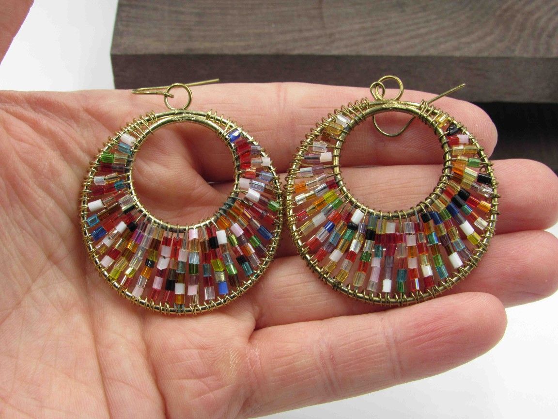 Vintage Large Colorful Beaded Dangle Earrings Costume Jewelry Wedding Anniversary Beautiful Everyday Minimalist Cute Sexy