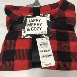 2 PCS Pajamas set red plaid Top crew neck long sleeves /legging jogger.. M