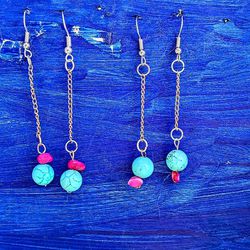 Blue Turquoise Bead Dangled Chain Earrings 